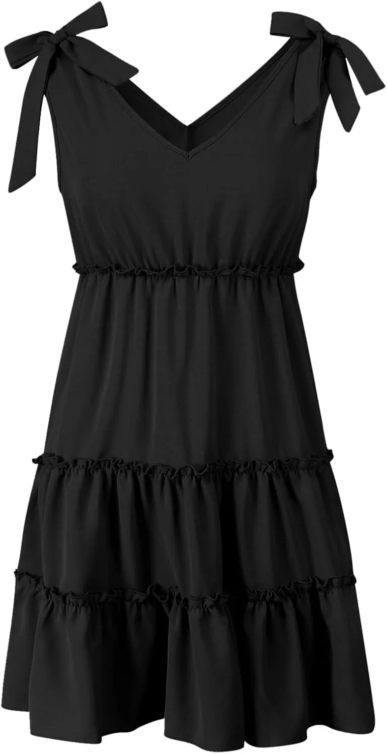 Womens 2024 Summer Mini Dress Casual V Neck Sleeveless Tie Shoulder Tiered Ruffle Swing A Line Short Sundresses Beach Dress