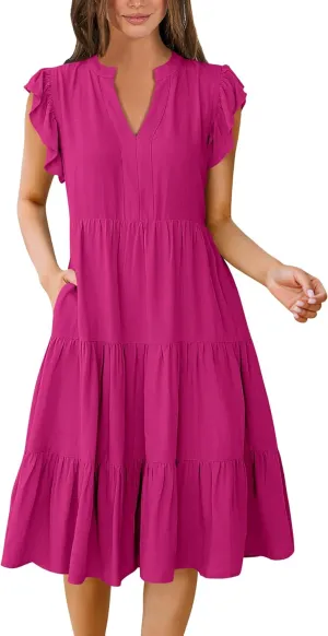 Women's 2025 Casual Flutter Short Sleeve V Neck Dress Summer Beach Ruffle Tiered Swing A-line Midi Sundress