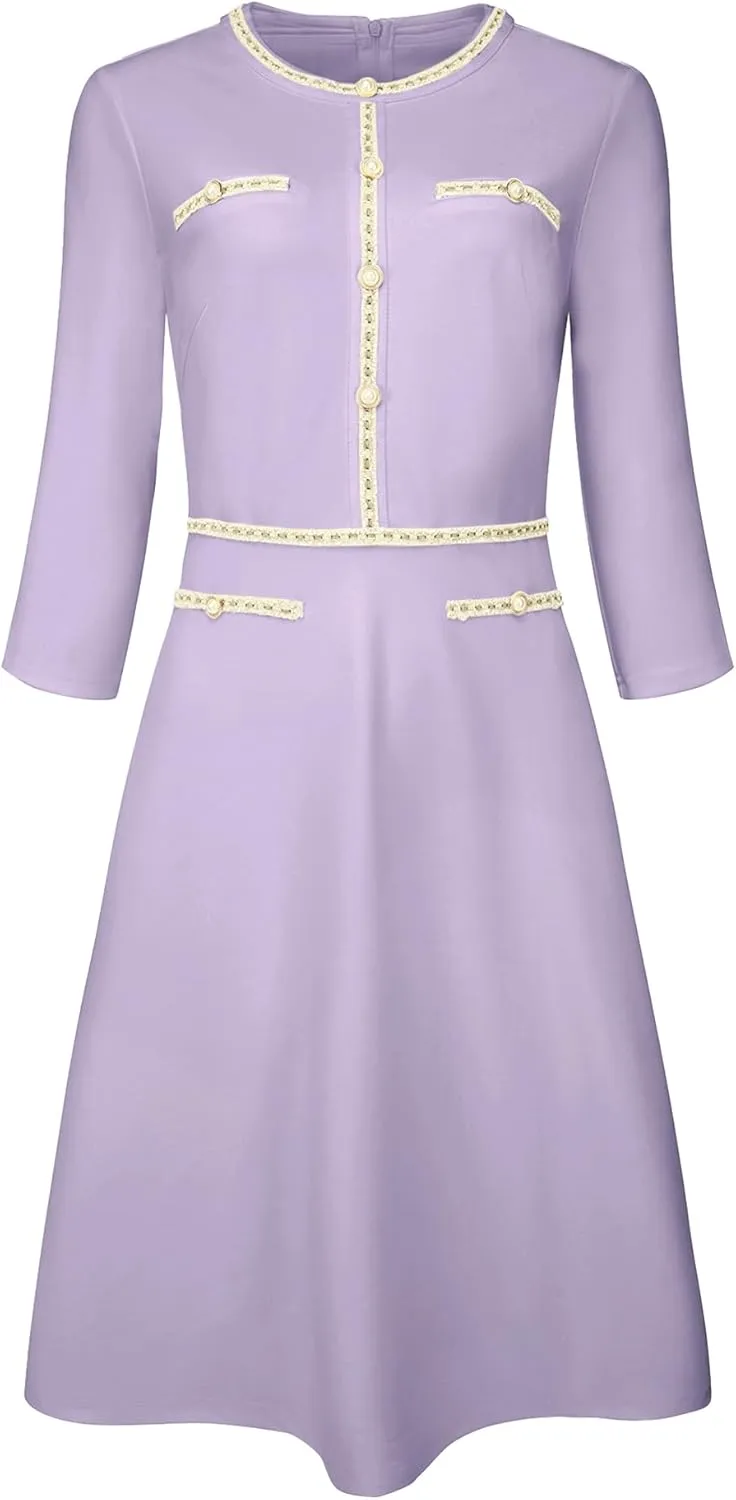 Women's 3/4 Sleeve Elegant A-Line Office Tweed Church Dresses