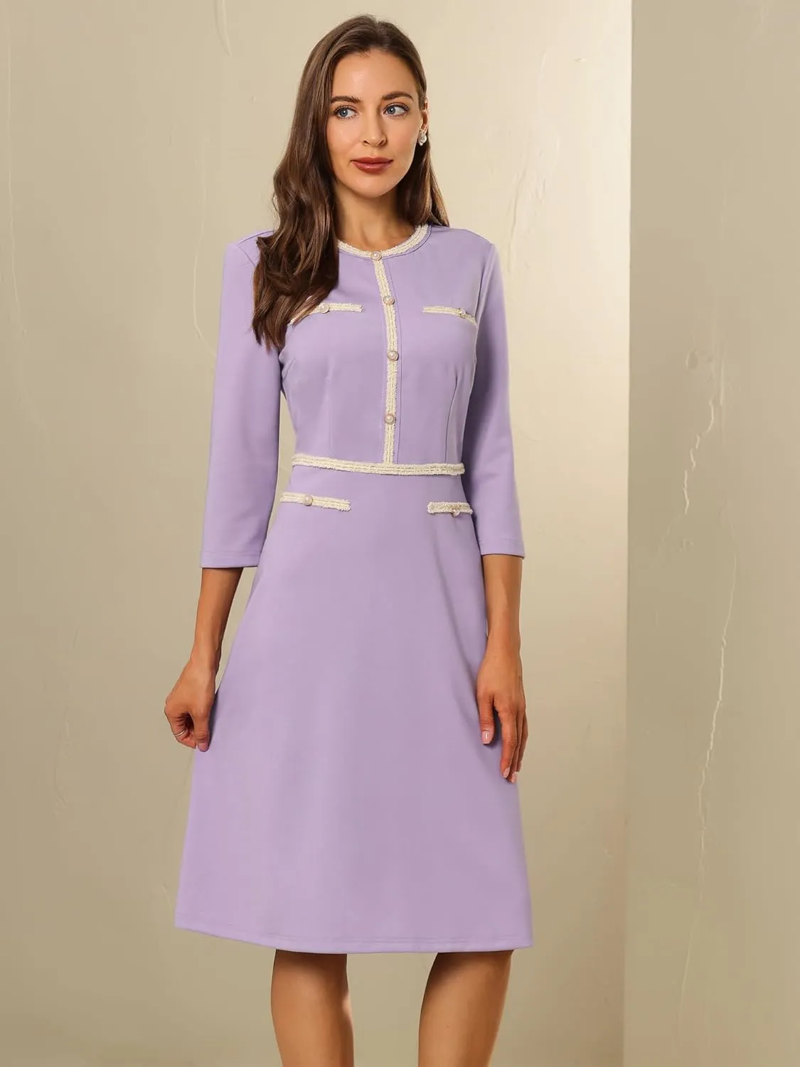 Women's 3/4 Sleeve Elegant A-Line Office Tweed Church Dresses