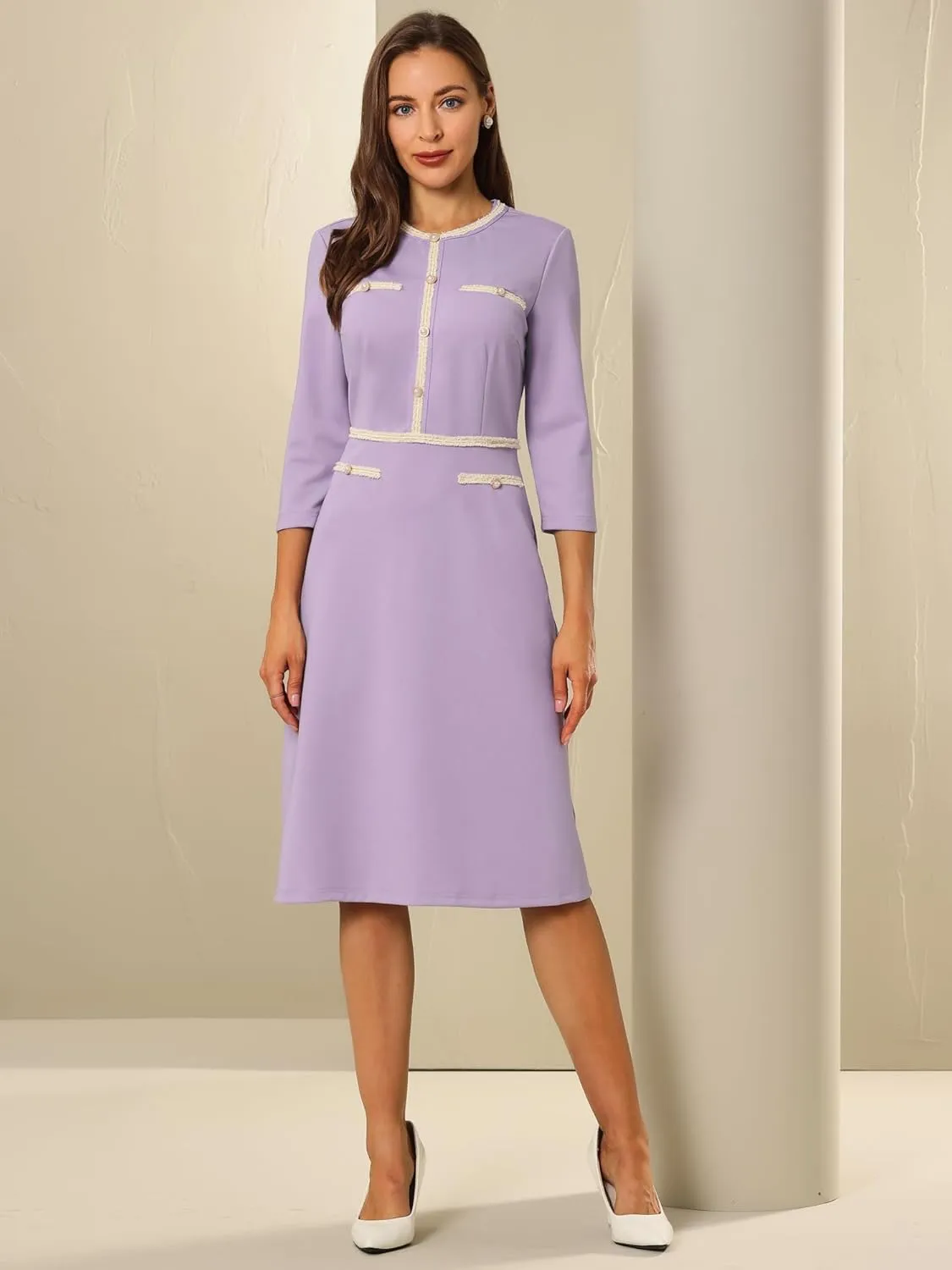 Women's 3/4 Sleeve Elegant A-Line Office Tweed Church Dresses