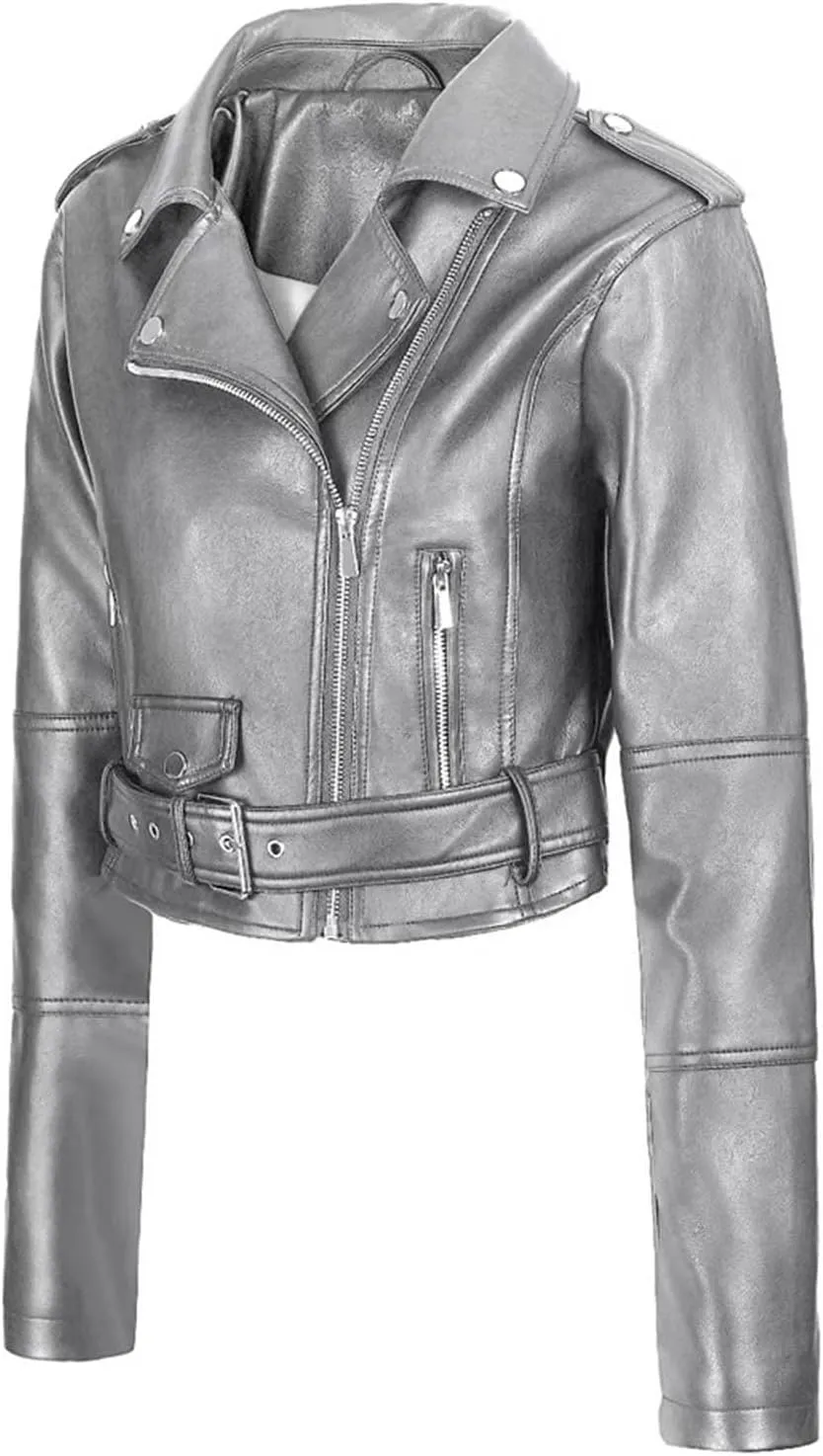 Women's Belted Faux Leather Moto Jacket Spring Fall Clothes Trendy Motorcycle Biker Coat Fashion PU Jacket Coats