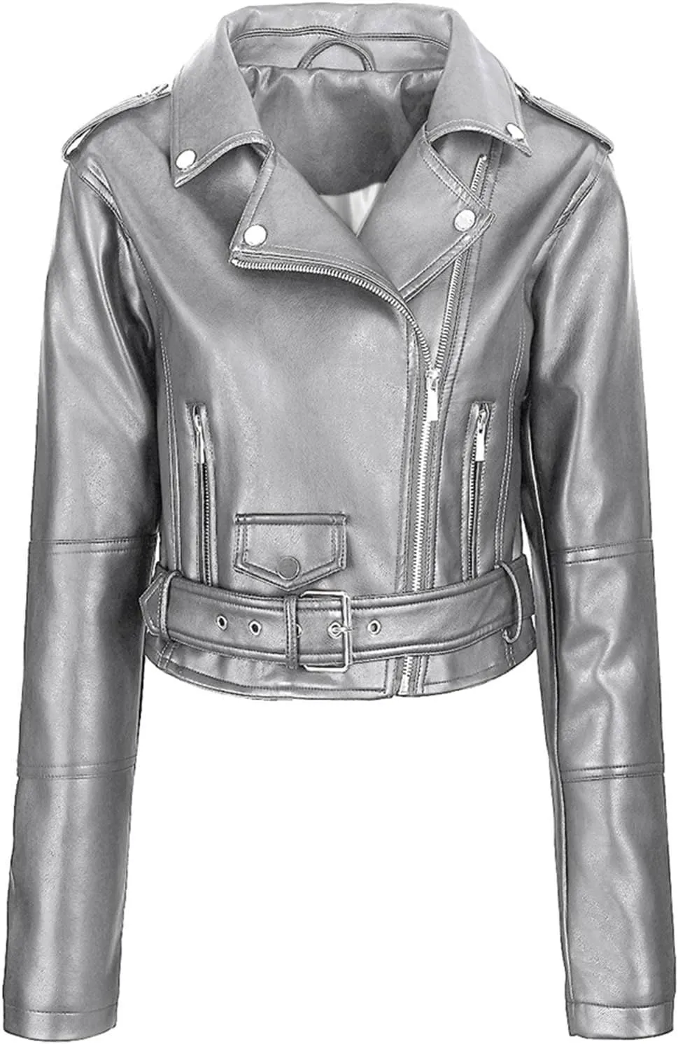 Women's Belted Faux Leather Moto Jacket Spring Fall Clothes Trendy Motorcycle Biker Coat Fashion PU Jacket Coats