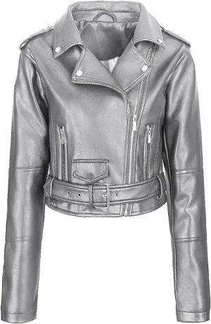 Women's Belted Faux Leather Moto Jacket Spring Fall Clothes Trendy Motorcycle Biker Coat Fashion PU Jacket Coats