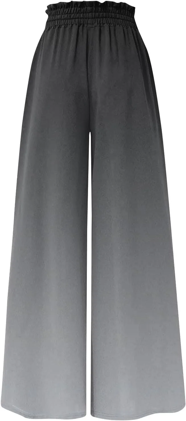 Women's Bohemian Gradient Color Elastic Casual High Waisted Wide Leg Dressy Loose Fit Pants with Pockets