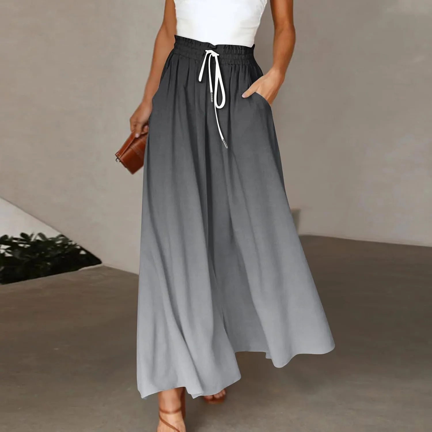 Women's Bohemian Gradient Color Elastic Casual High Waisted Wide Leg Dressy Loose Fit Pants with Pockets