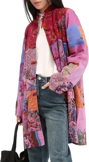 Women's Boho Floral Patchwork Jacket Lightweight Color-Blocked Plaid Windbreaker Coat for Spring & Fall