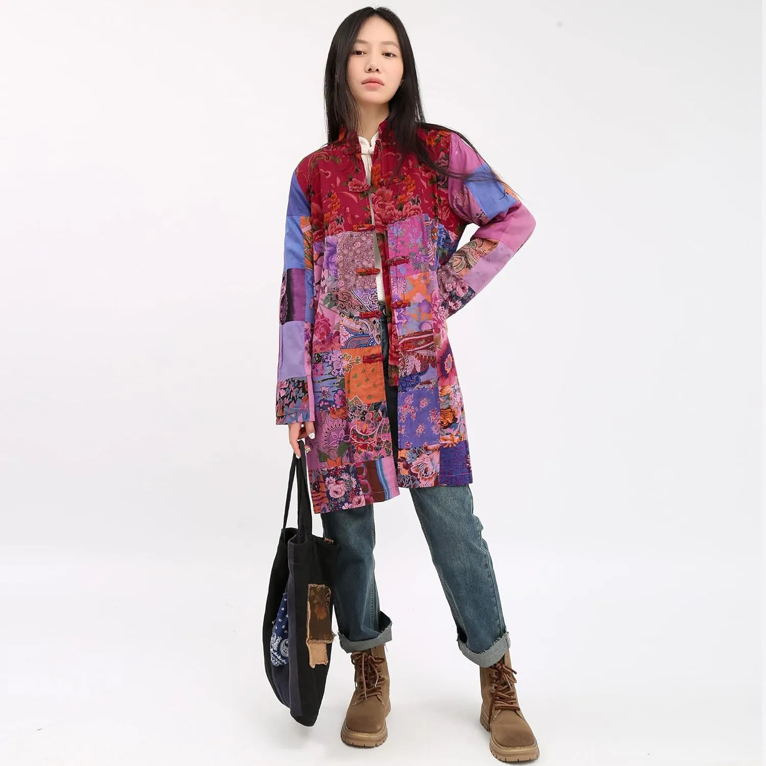 Women's Boho Floral Patchwork Jacket Lightweight Color-Blocked Plaid Windbreaker Coat for Spring & Fall