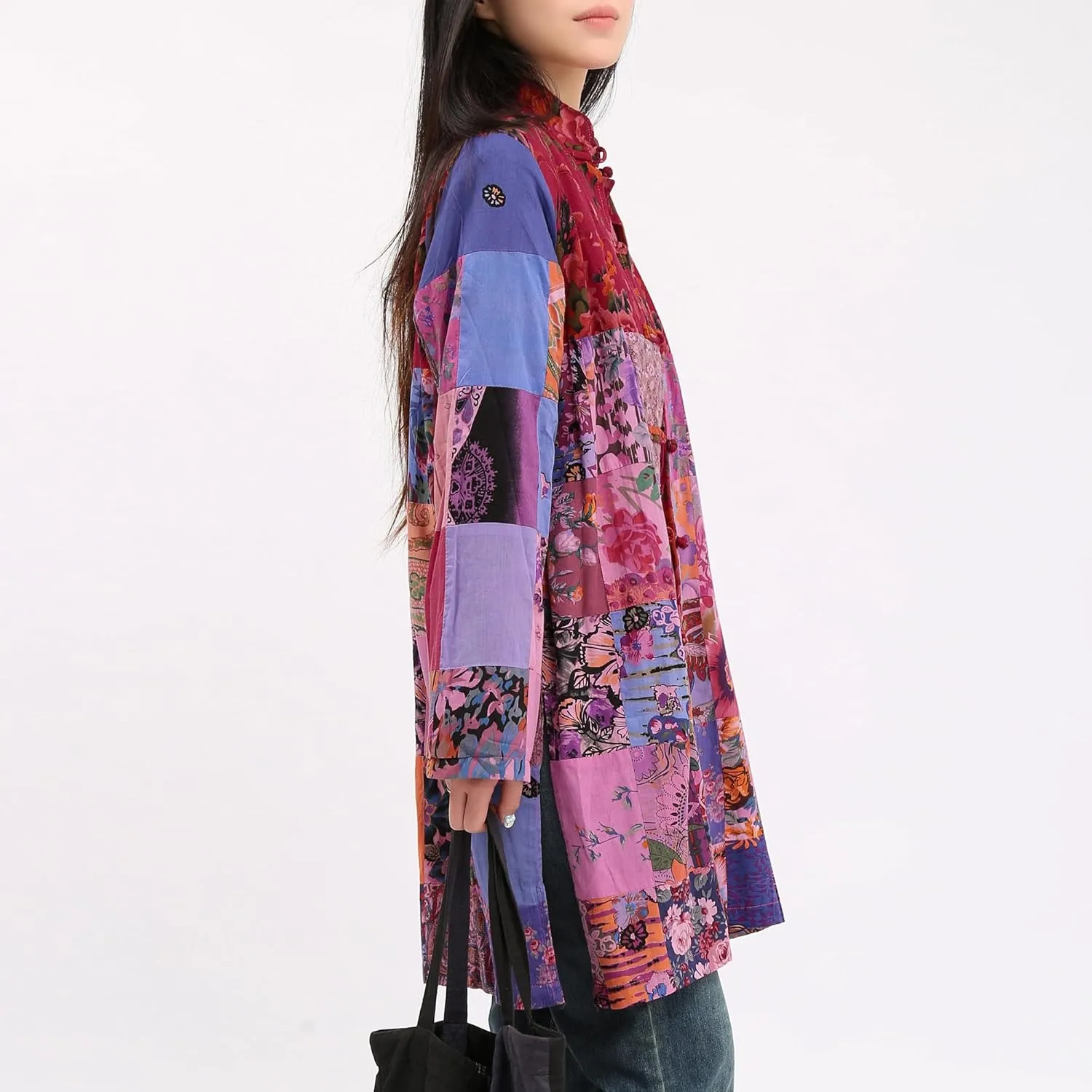 Women's Boho Floral Patchwork Jacket Lightweight Color-Blocked Plaid Windbreaker Coat for Spring & Fall