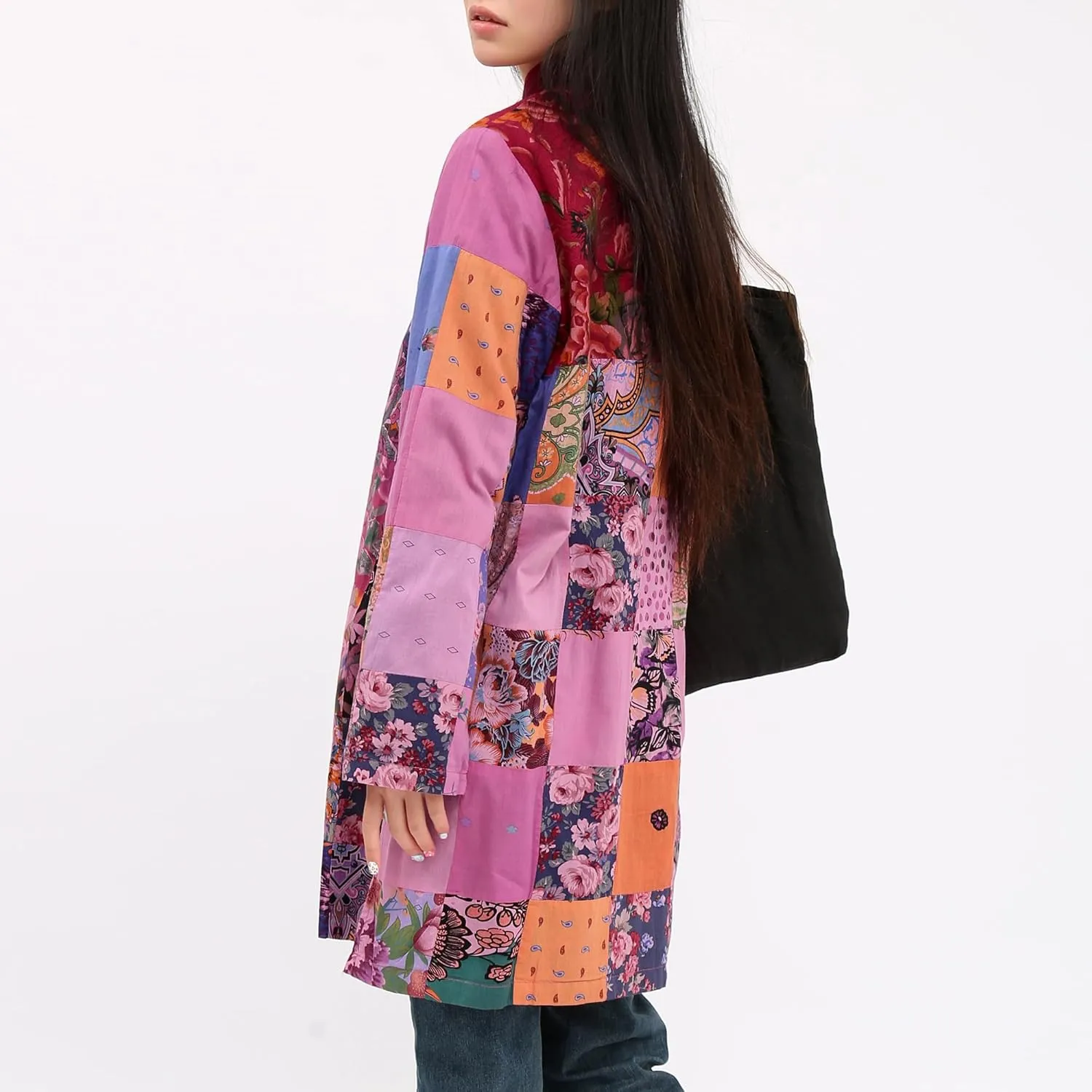 Women's Boho Floral Patchwork Jacket Lightweight Color-Blocked Plaid Windbreaker Coat for Spring & Fall