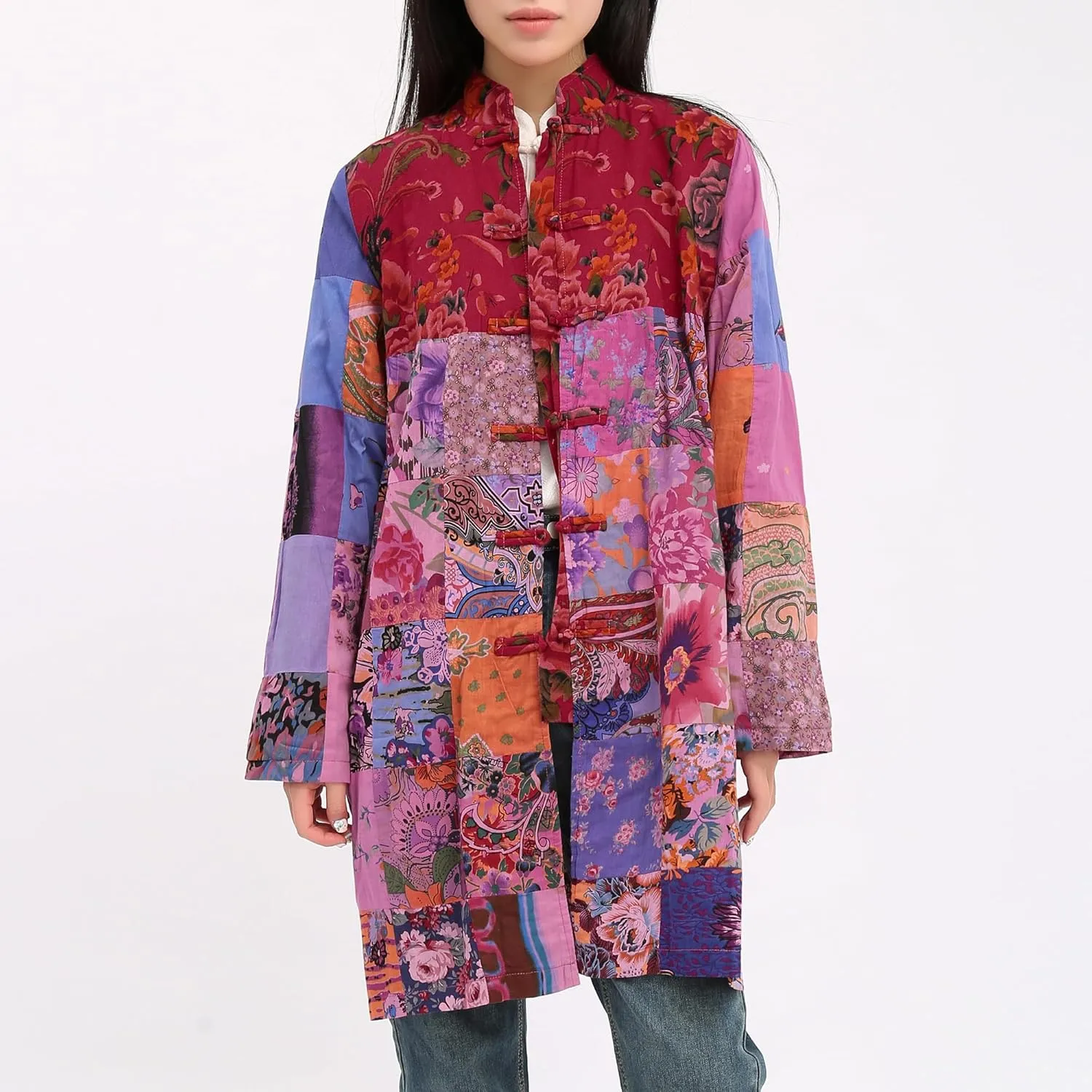 Women's Boho Floral Patchwork Jacket Lightweight Color-Blocked Plaid Windbreaker Coat for Spring & Fall