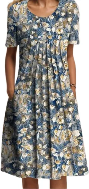 Women's Boho Floral Pleated Short Sleeve T Shirt Dress Summer Casual Loose Swing Midi Dresses with Pockets