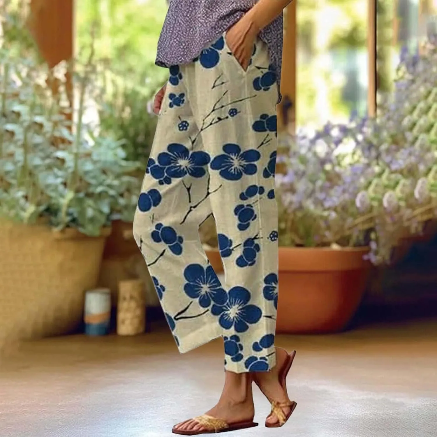 Women's Casual Boho Floral Cotton Linen Baggy Pants Elastic Waist Straight Legs Summer Beach Trousers with Pockets