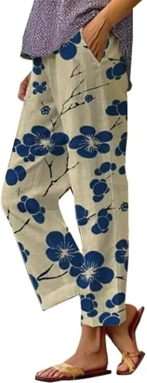 Women's Casual Boho Floral Cotton Linen Baggy Pants Elastic Waist Straight Legs Summer Beach Trousers with Pockets