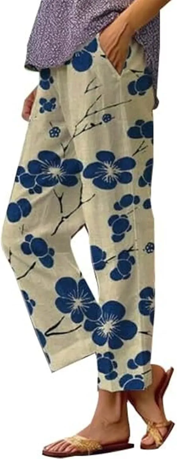 Women's Casual Boho Floral Cotton Linen Baggy Pants Elastic Waist Straight Legs Summer Beach Trousers with Pockets