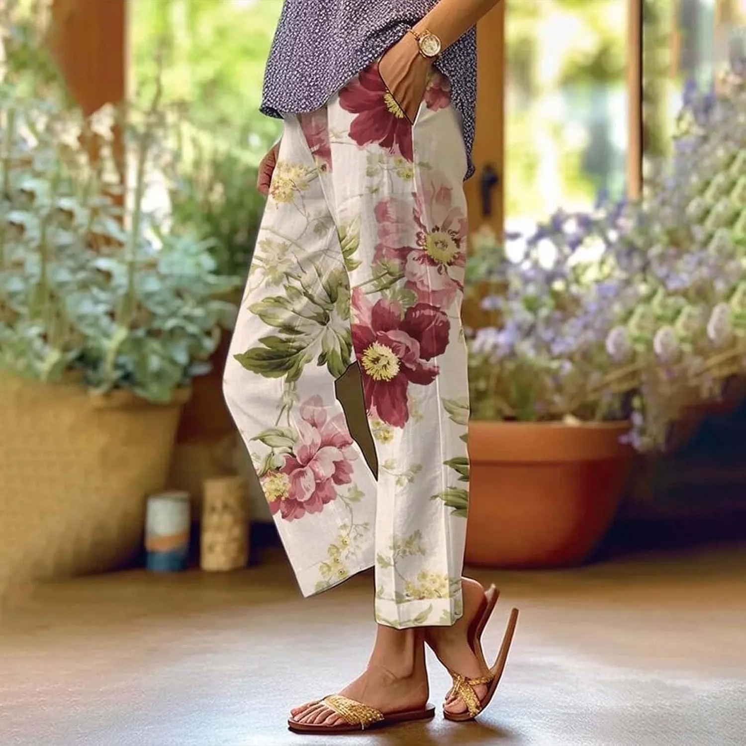Women's Casual Boho Floral Cotton Linen Pants Elastic Waist Straight Legs Summer Beach Baggy Trousers with Pockets