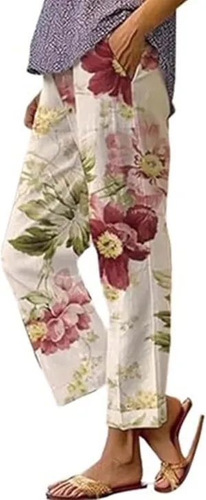 Women's Casual Boho Floral Cotton Linen Pants Elastic Waist Straight Legs Summer Beach Baggy Trousers with Pockets