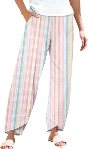 Women's Casual Boho Striped Graphic Cotton Linen High Waisted Cropped Pants Summer Beach Outdoor Trendy Trousers