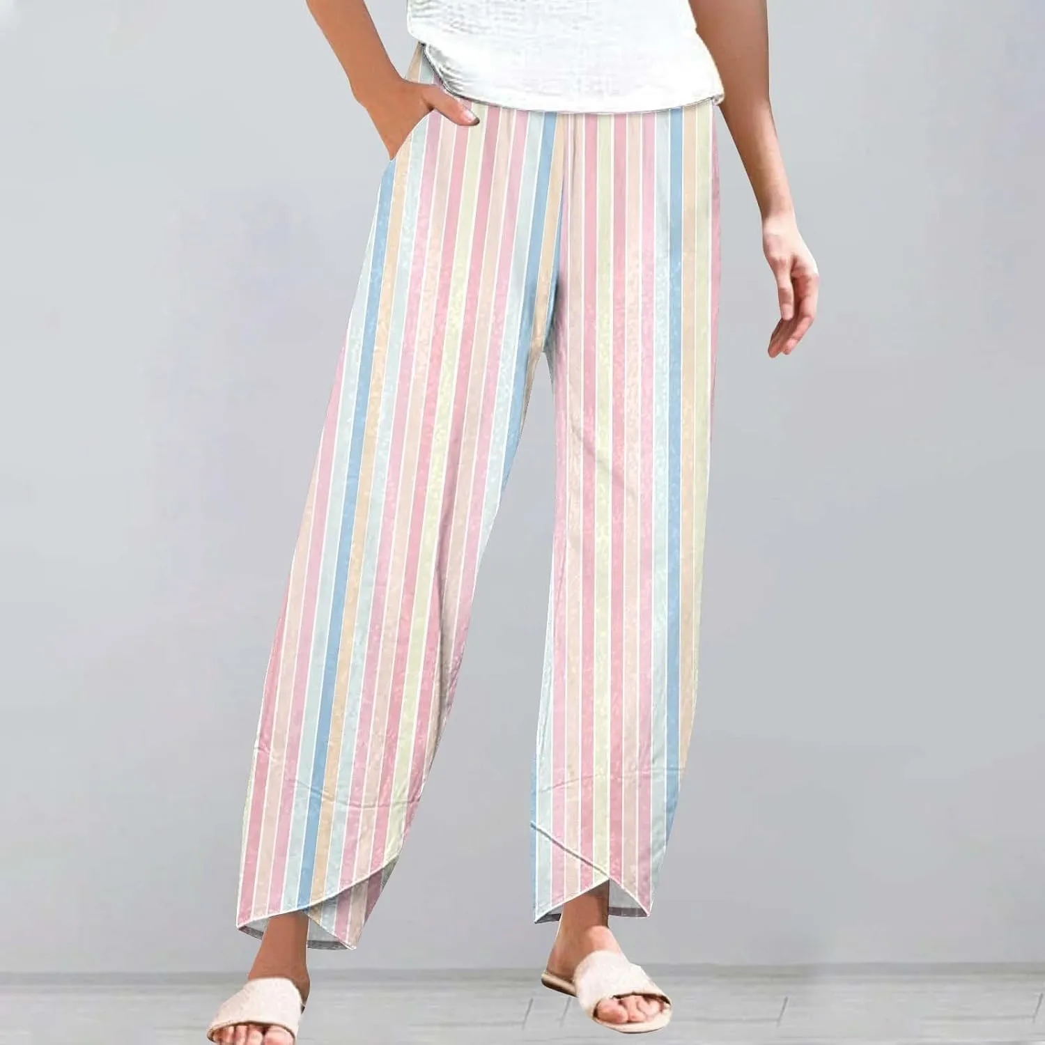 Women's Casual Boho Striped Graphic Cotton Linen High Waisted Cropped Pants Summer Beach Outdoor Trendy Trousers
