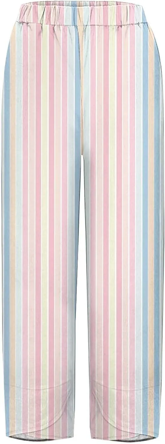 Women's Casual Boho Striped Graphic Cotton Linen High Waisted Cropped Pants Summer Beach Outdoor Trendy Trousers