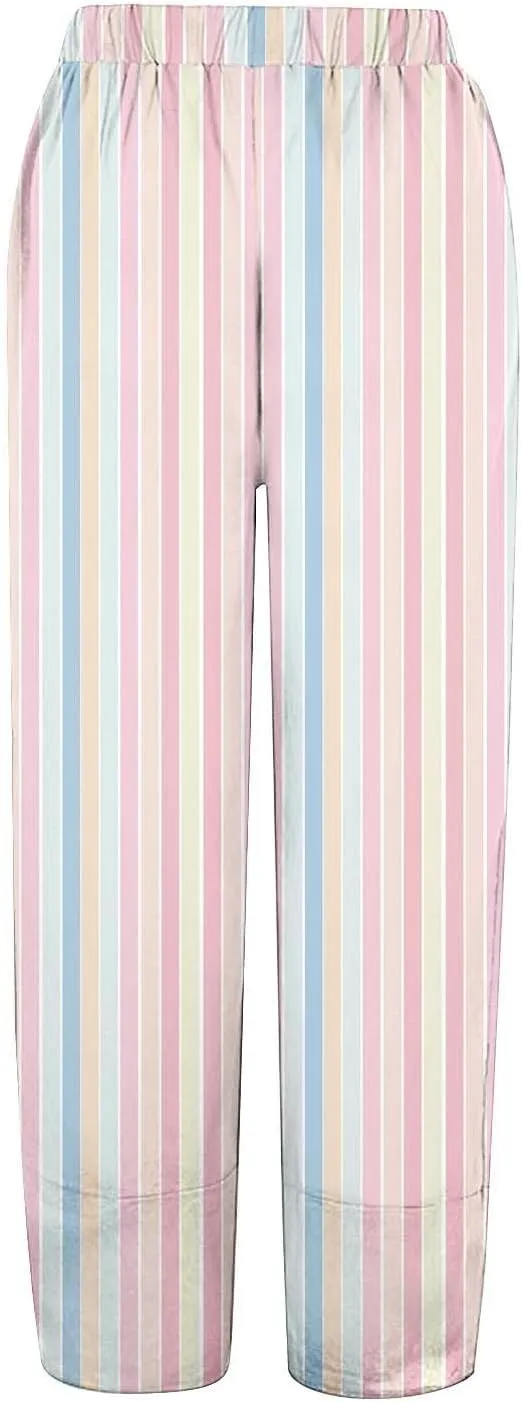 Women's Casual Boho Striped Graphic Cotton Linen High Waisted Cropped Pants Summer Beach Outdoor Trendy Trousers