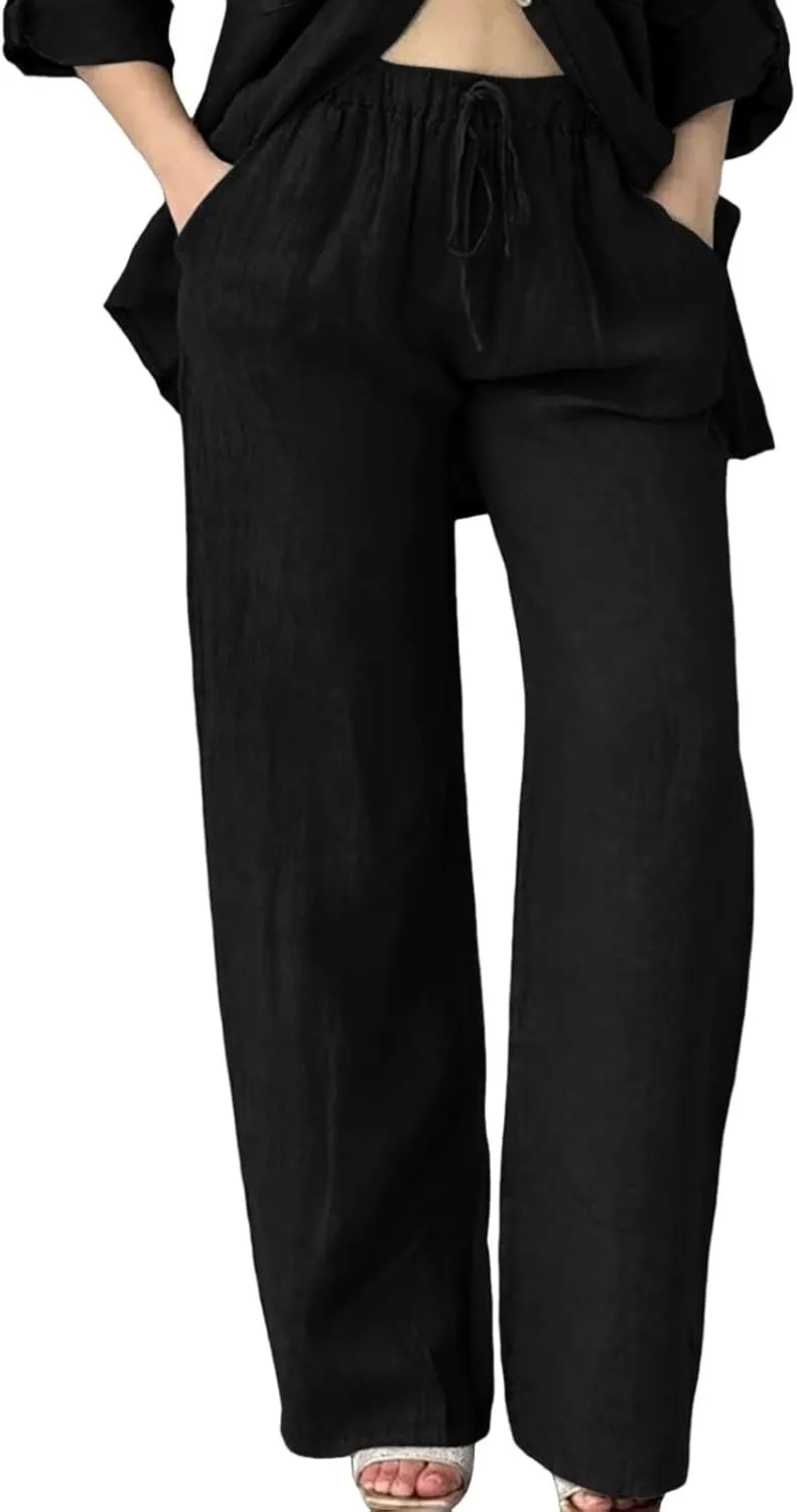 Womens Casual Cotton Linen Pants Lightweight Elastic Waist Pant Summer Beach Baggy Lounge Plain Drawstring Trousers