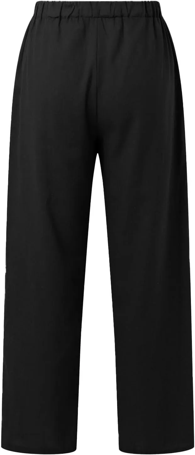 Womens Casual Cotton Linen Pants Lightweight Elastic Waist Pant Summer Beach Baggy Lounge Plain Drawstring Trousers