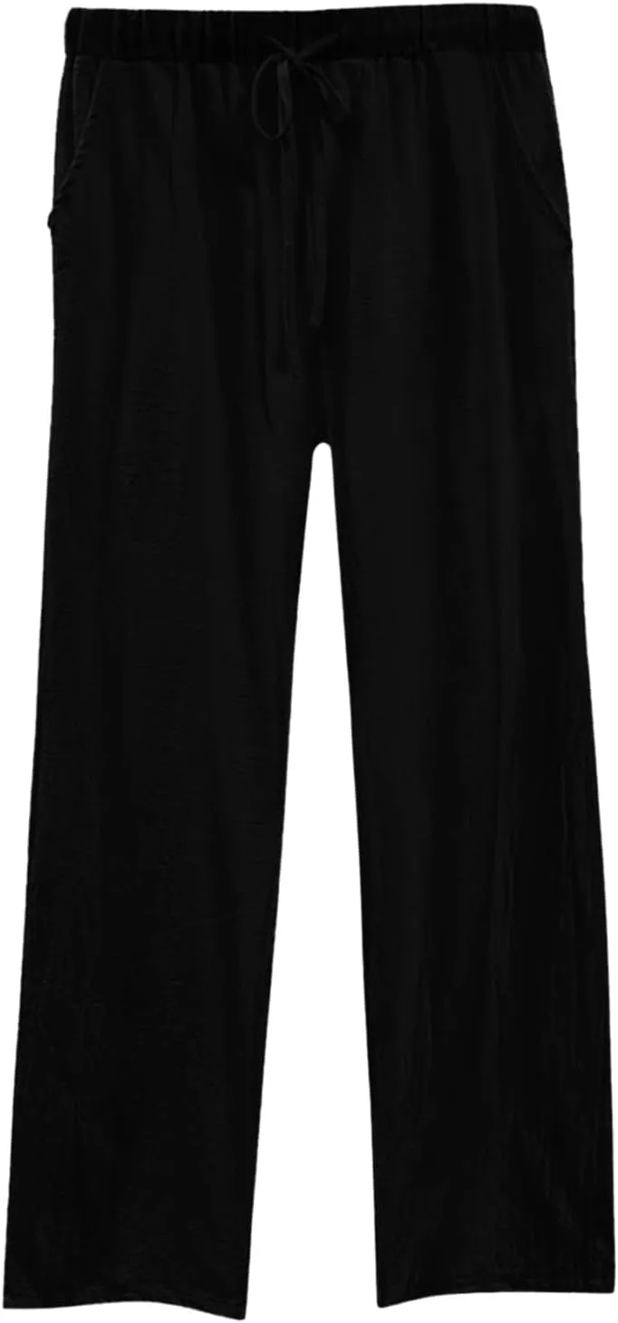 Womens Casual Cotton Linen Pants Lightweight Elastic Waist Pant Summer Beach Baggy Lounge Plain Drawstring Trousers