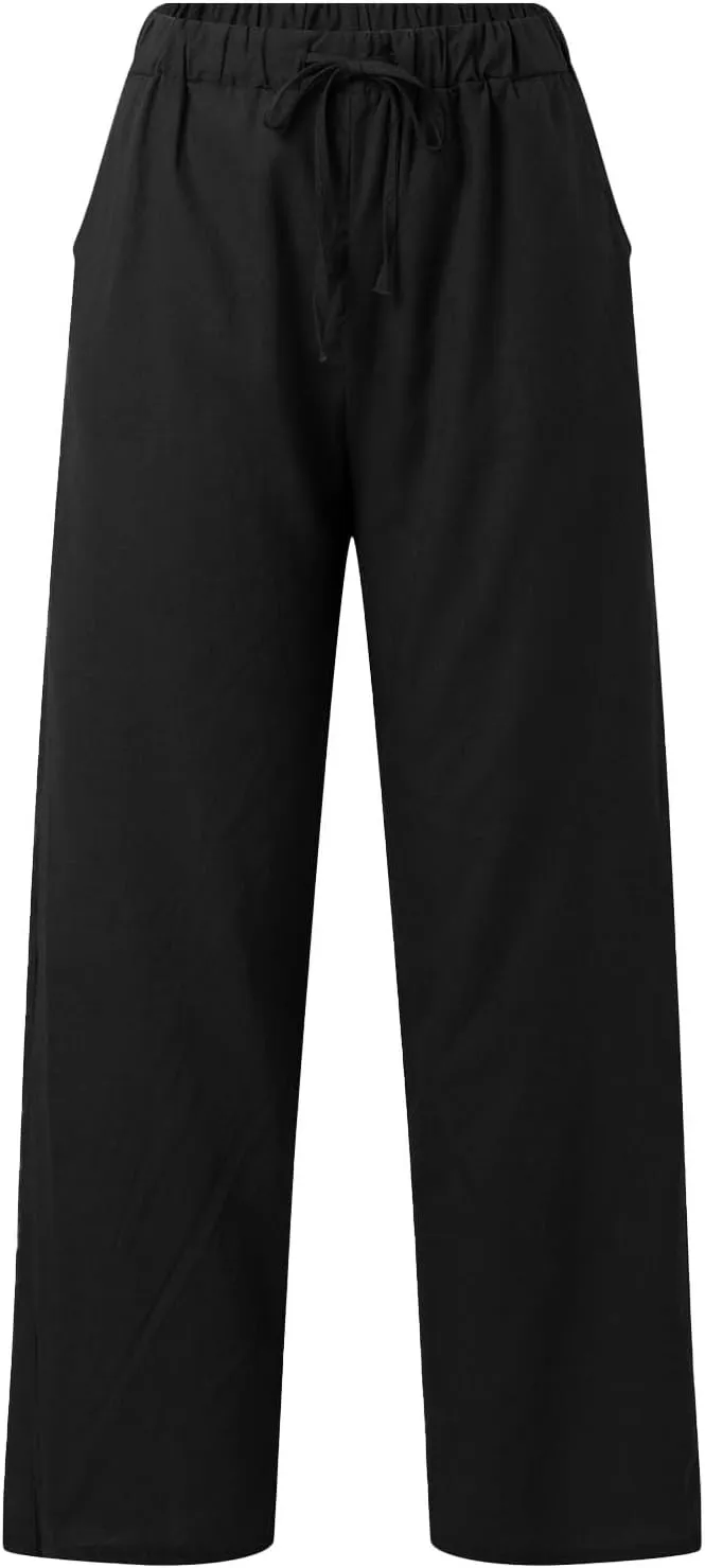 Womens Casual Cotton Linen Pants Lightweight Elastic Waist Pant Summer Beach Baggy Lounge Plain Drawstring Trousers