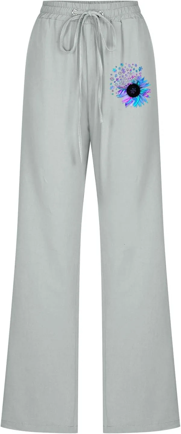 Womens Casual Linen High Waist Pants Drawstring Loose Fit Lounge Pants 2025 Summer Casual Comfy Trousers with Pockets