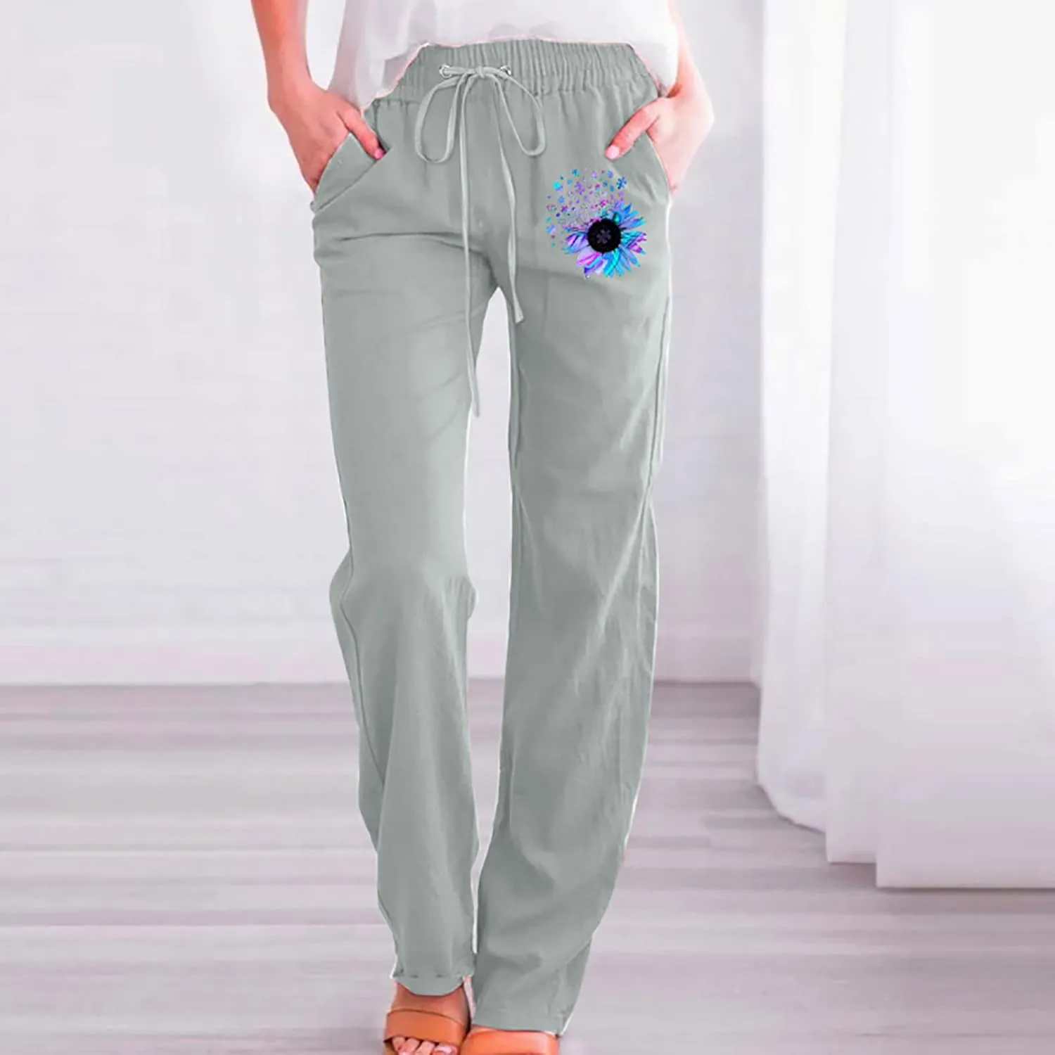 Womens Casual Linen High Waist Pants Drawstring Loose Fit Lounge Pants 2025 Summer Casual Comfy Trousers with Pockets