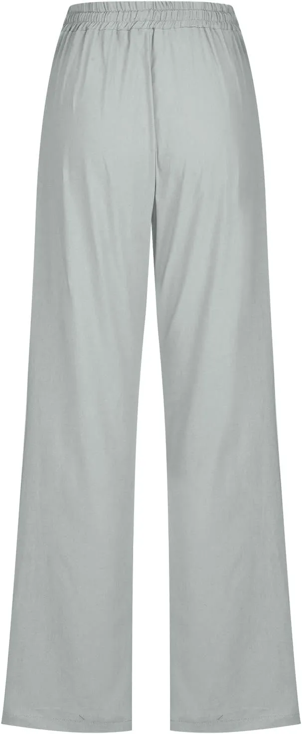 Womens Casual Linen High Waist Pants Drawstring Loose Fit Lounge Pants 2025 Summer Casual Comfy Trousers with Pockets