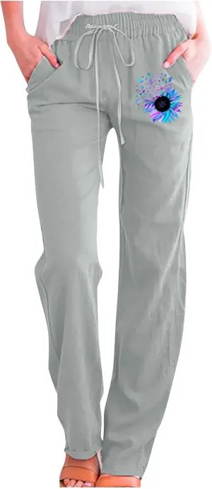 Womens Casual Linen High Waist Pants Drawstring Loose Fit Lounge Pants 2025 Summer Casual Comfy Trousers with Pockets