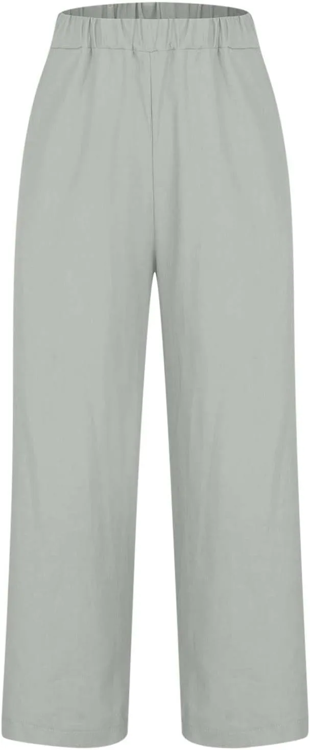 Womens Casual Linen Pants Drawstring Waist Loose Fit Summer Pants Cropped Trousers with Pockets Cotton Linen Pants
