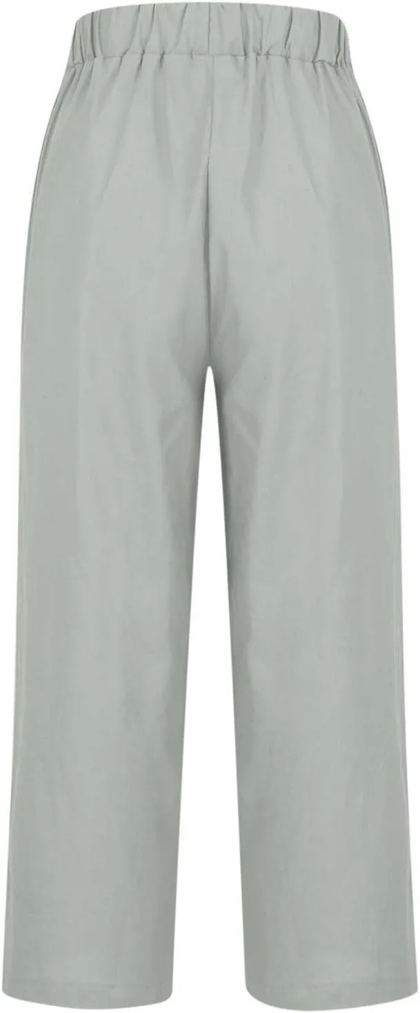 Womens Casual Linen Pants Drawstring Waist Loose Fit Summer Pants Cropped Trousers with Pockets Cotton Linen Pants