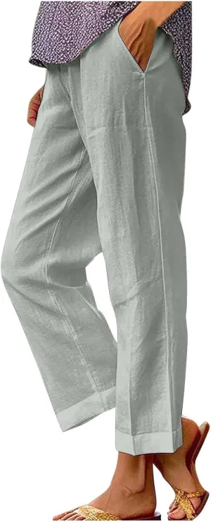 Womens Casual Linen Pants Drawstring Waist Loose Fit Summer Pants Cropped Trousers with Pockets Cotton Linen Pants