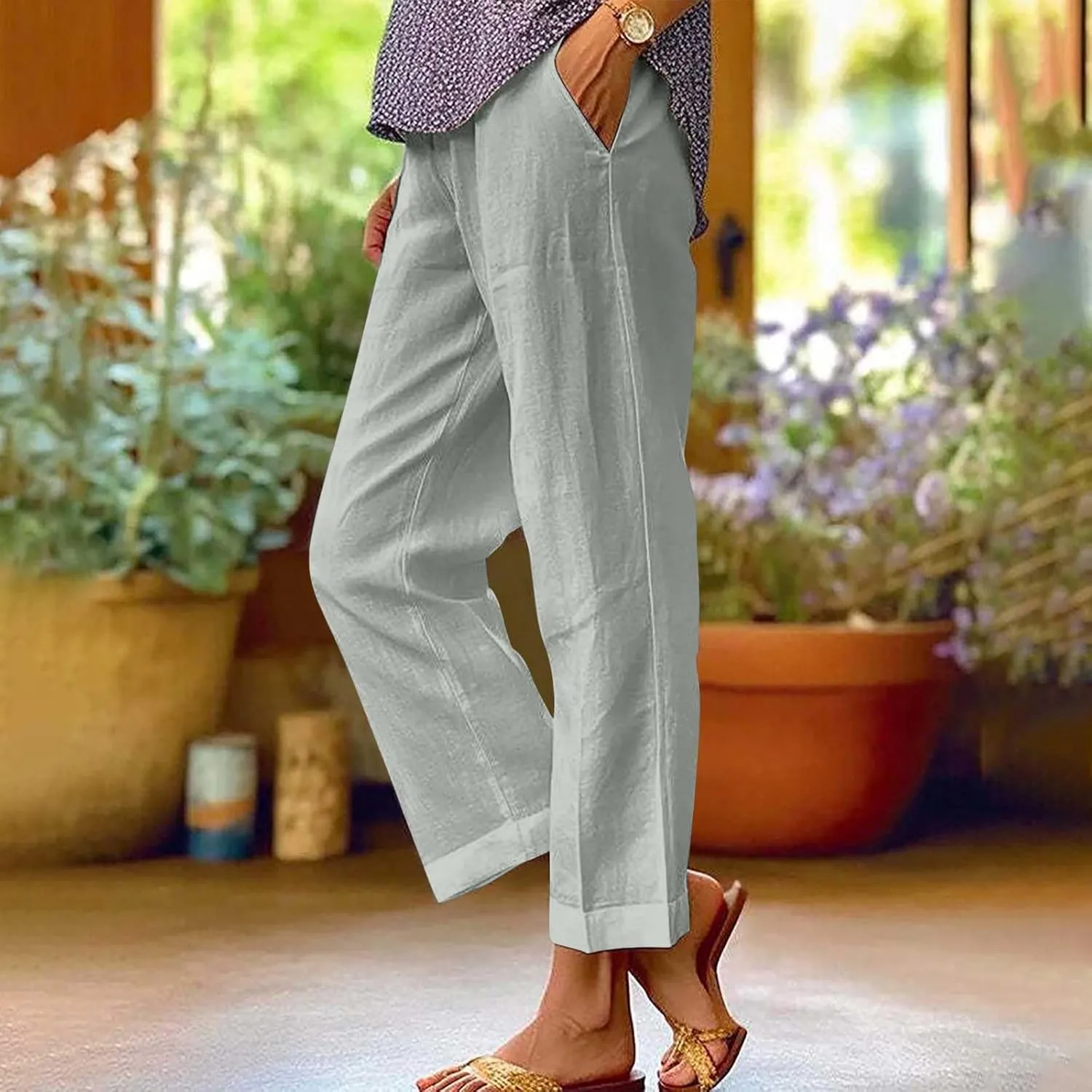 Womens Casual Linen Pants Drawstring Waist Loose Fit Summer Pants Cropped Trousers with Pockets Cotton Linen Pants