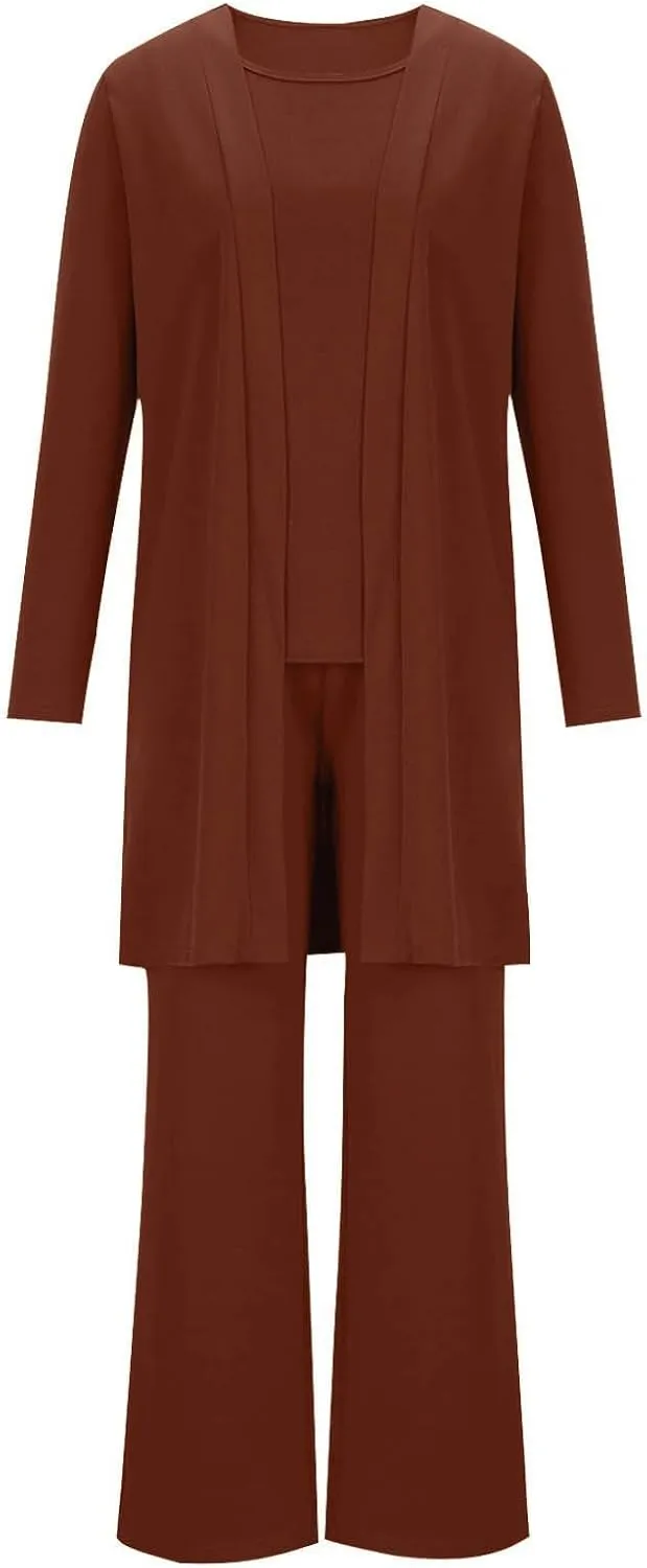 Womens Casual Outfits 3 Piece Sets Sleeveless Tank Tops and Wide Leg Pants Suit with Open Front Jacket Cardigan