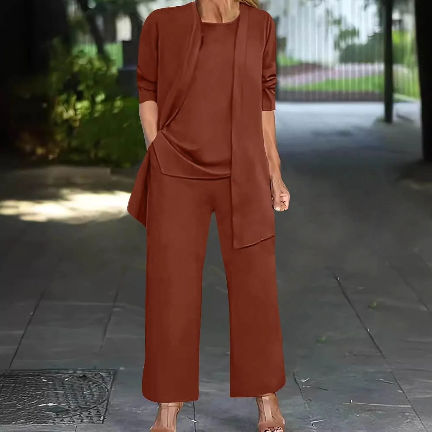 Womens Casual Outfits 3 Piece Sets Sleeveless Tank Tops and Wide Leg Pants Suit with Open Front Jacket Cardigan