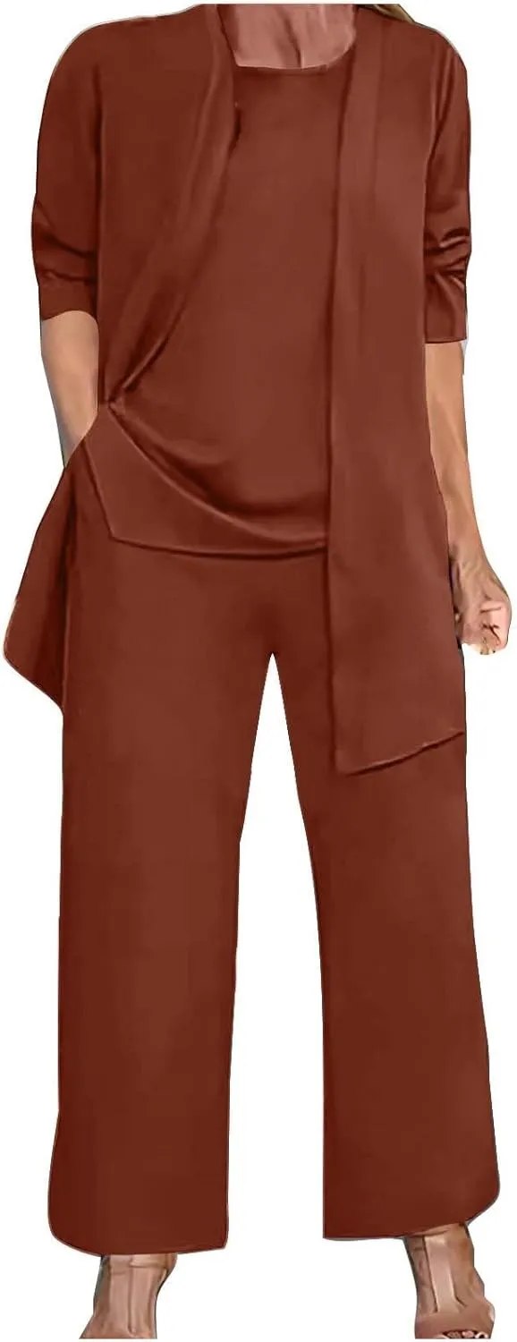 Womens Casual Outfits 3 Piece Sets Sleeveless Tank Tops and Wide Leg Pants Suit with Open Front Jacket Cardigan