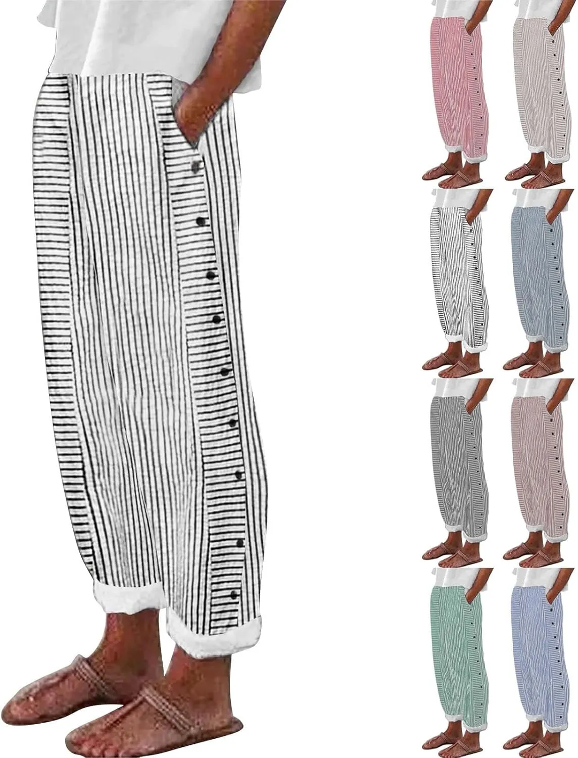 Women's Casual Pants Striped Side Button Elastic Waist Trendy Pants Straight Leg Baggy Trousers with Pocket