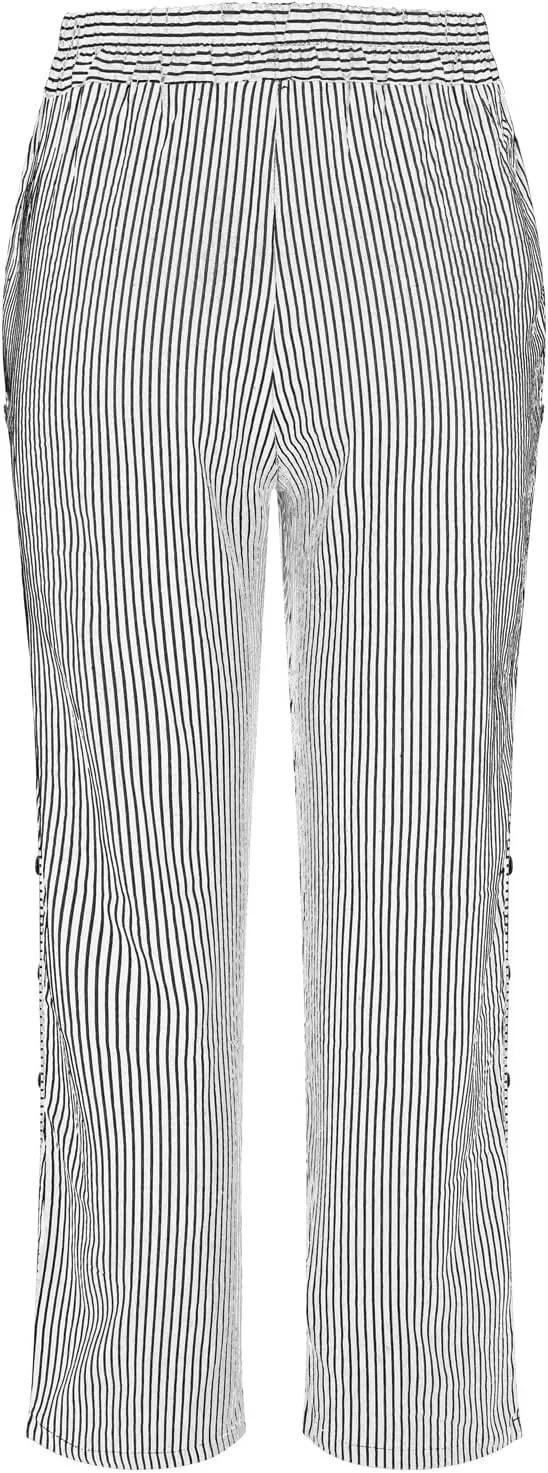 Women's Casual Pants Striped Side Button Elastic Waist Trendy Pants Straight Leg Baggy Trousers with Pocket