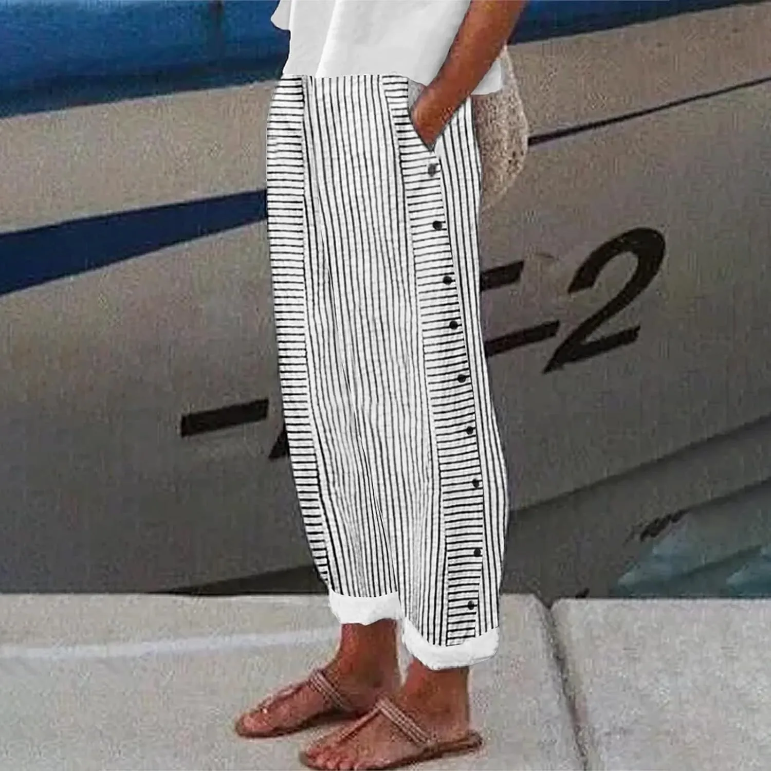 Women's Casual Pants Striped Side Button Elastic Waist Trendy Pants Straight Leg Baggy Trousers with Pocket