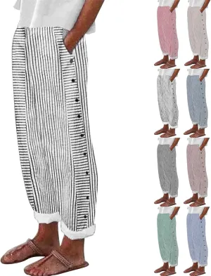 Women's Casual Pants Striped Side Button Elastic Waist Trendy Pants Straight Leg Baggy Trousers with Pocket