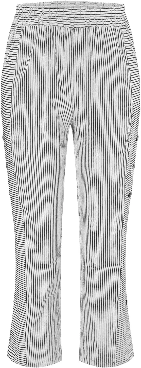 Women's Casual Pants Striped Side Button Elastic Waist Trendy Pants Straight Leg Baggy Trousers with Pocket
