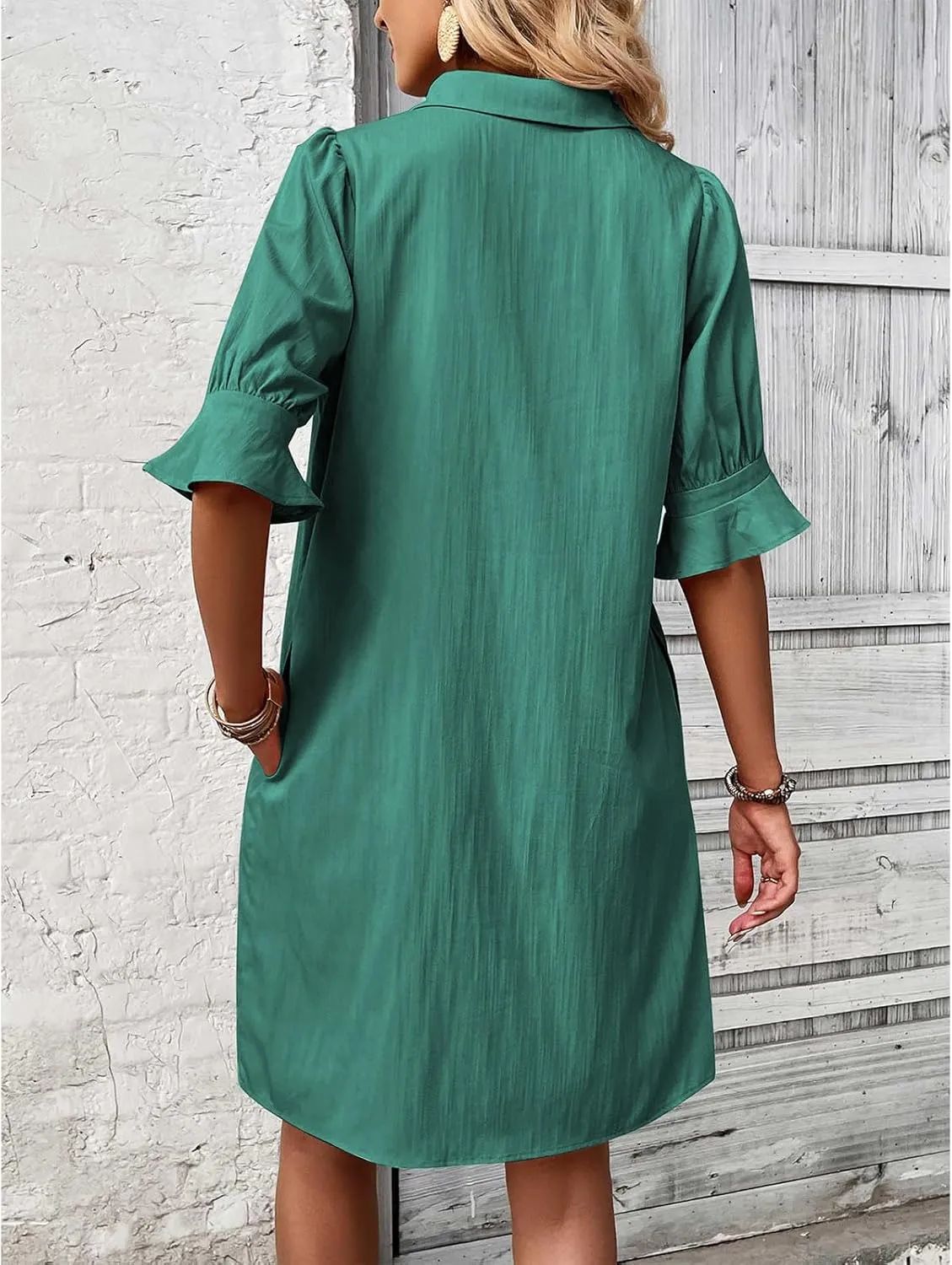 Womens Casual Shirt Dress Ruffle Sleeve Button Down Shirt Dress Summer Loose Mini Dresses for Women Solid Color