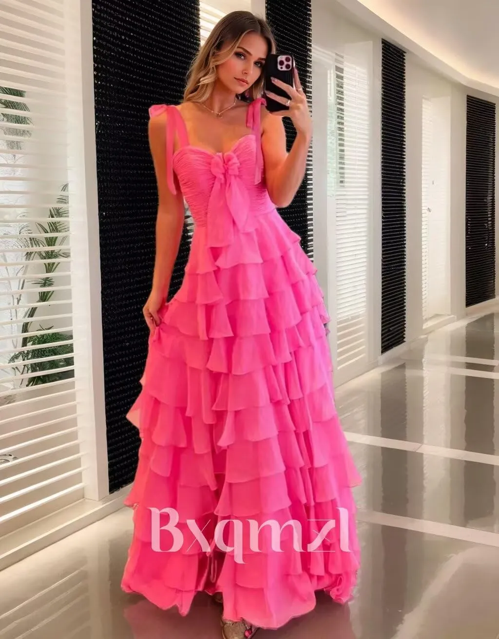 Women's Chiffon Prom Dresses Tiered Ruffles Long Ball Gown Spaghetti Straps Bow A Line Formal Evening Gowns with Slit