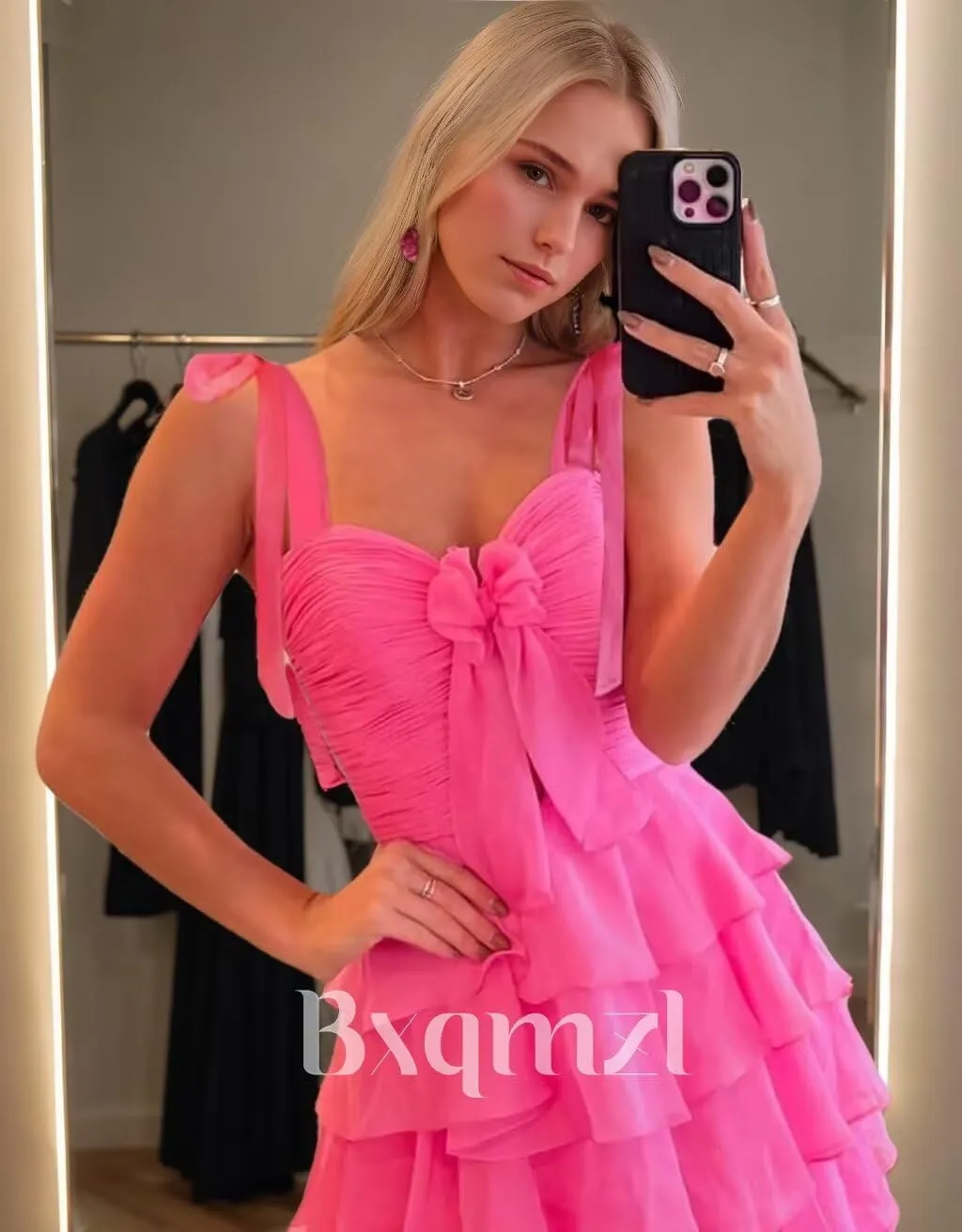 Women's Chiffon Prom Dresses Tiered Ruffles Long Ball Gown Spaghetti Straps Bow A Line Formal Evening Gowns with Slit