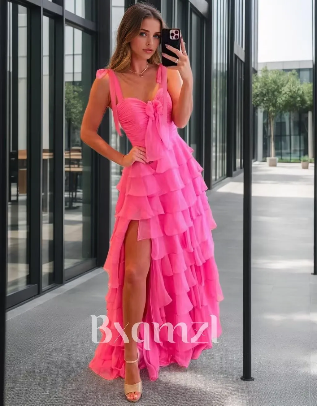 Women's Chiffon Prom Dresses Tiered Ruffles Long Ball Gown Spaghetti Straps Bow A Line Formal Evening Gowns with Slit