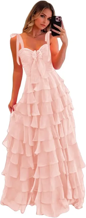 Women's Chiffon Prom Dresses Tiered Ruffles Long Ball Gown Spaghetti Straps Bow A Line Formal Evening Gowns with Slit